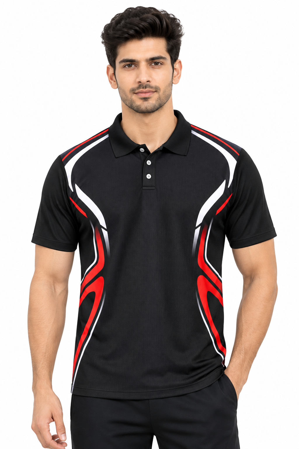 B408 Men's Black Sports Polo T-Shirt with Red & White Graphic Design