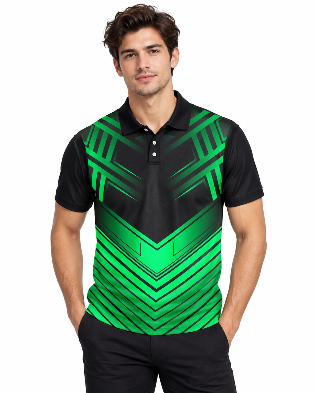Warmbull B398 Black Green Geometric Poly Blend Polo T-Shirt | S-3XL