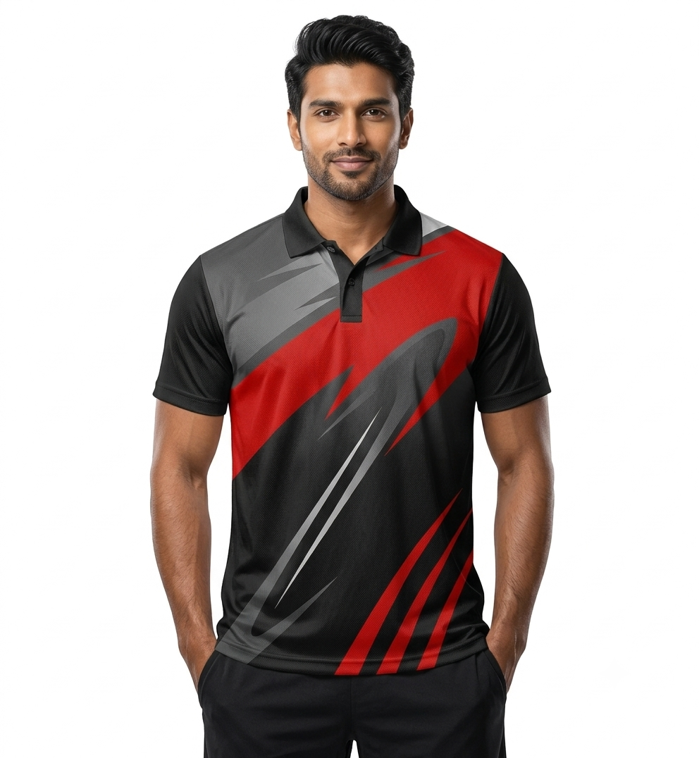 B413 Men's Black, Red & Grey Polo Sports T-Shirt