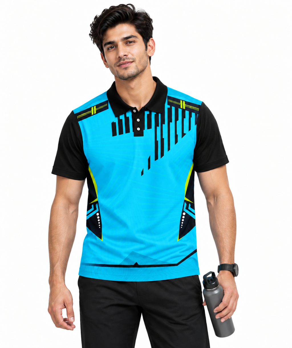 Warmbull B204 Cyan Black Poly Blend Polo T-Shirt | S-3XL