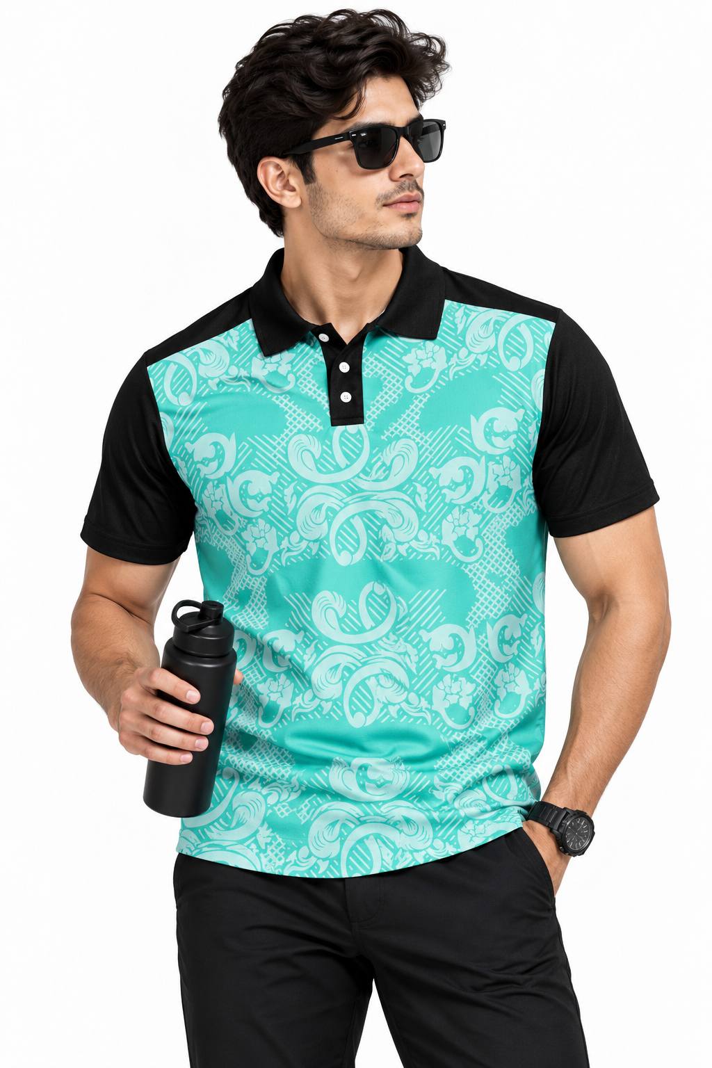 Warmbull B203 Aqua Mint Black Poly Blend Polo T-Shirt | S-3XL