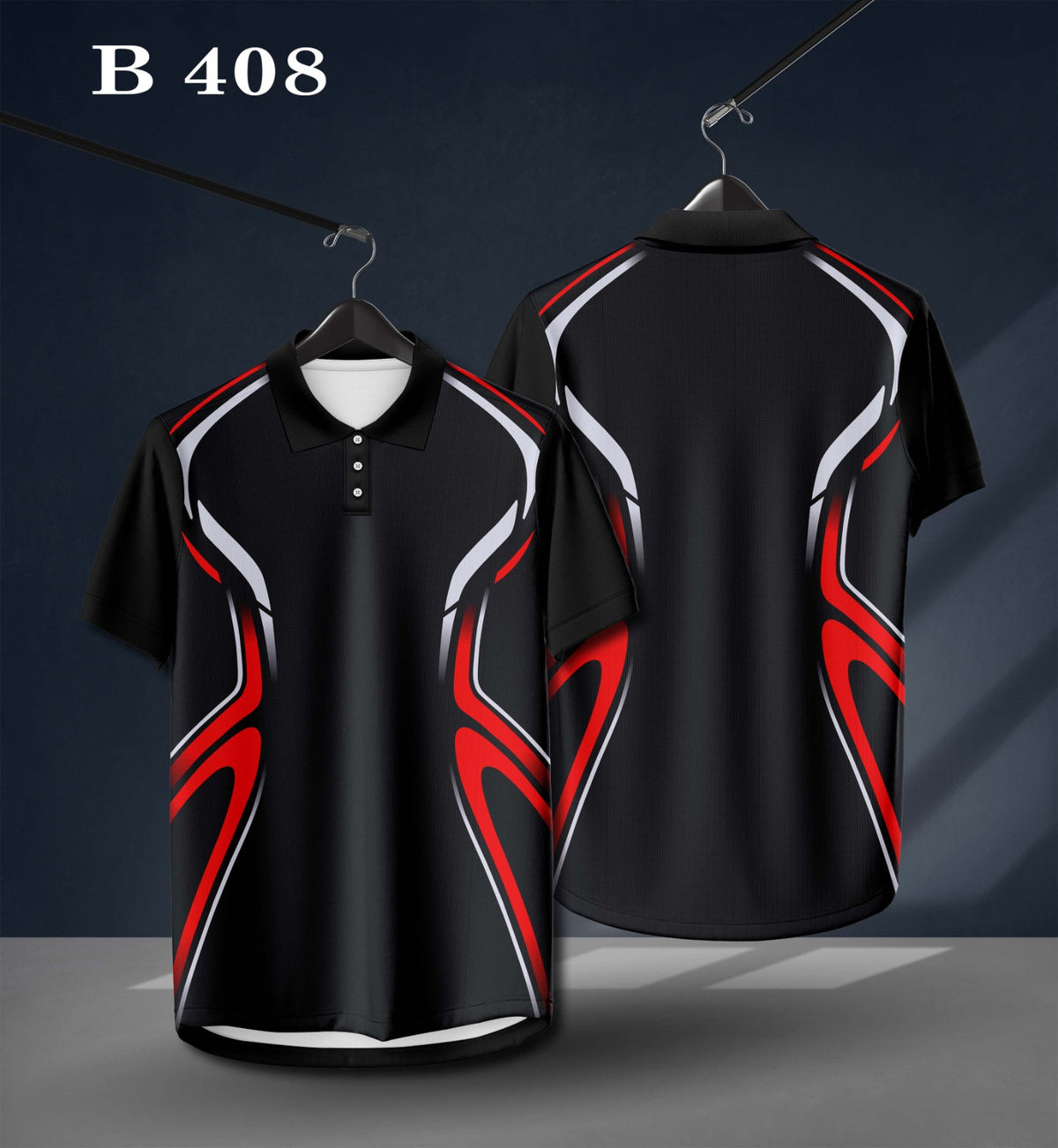 B408 Men's Black Sports Polo T-Shirt with Red & White Graphic Design