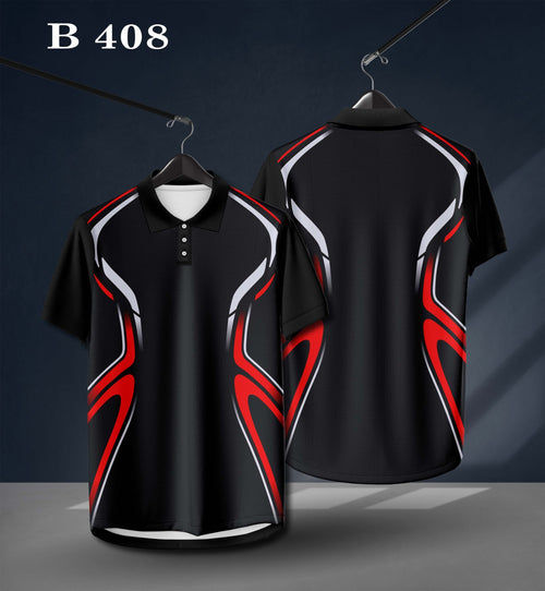 B408 Men's Black Sports Polo T-Shirt with Red & White Graphic Design