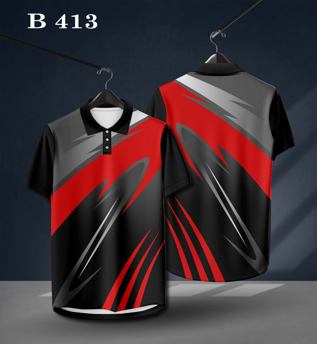 B413 Men's Black, Red & Grey Polo Sports T-Shirt